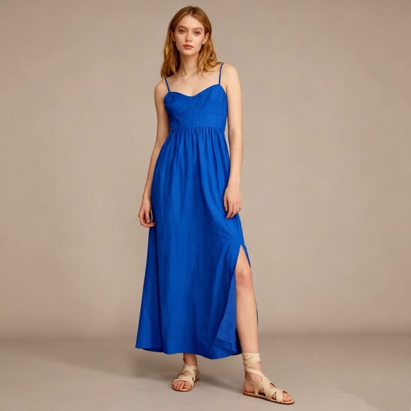 NWOT Farm Rio Linen Blend Blue Sleeveless Midi Dress Size L